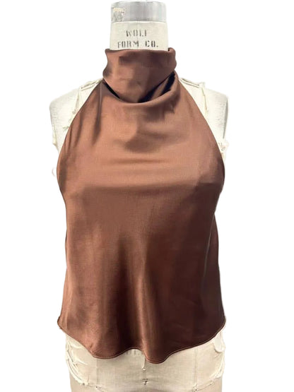 A brown satin halter top displayed on a cream dress form mannequin against a white background.