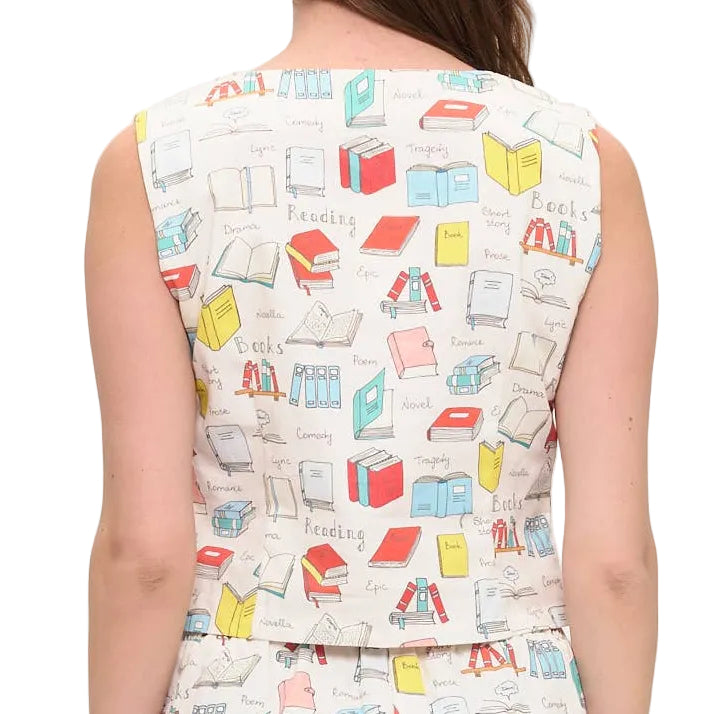 Person wearing a sleeveless top and shorts set with book pattern on a white background