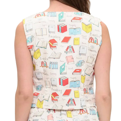 Person wearing a sleeveless top and shorts set with book pattern on a white background