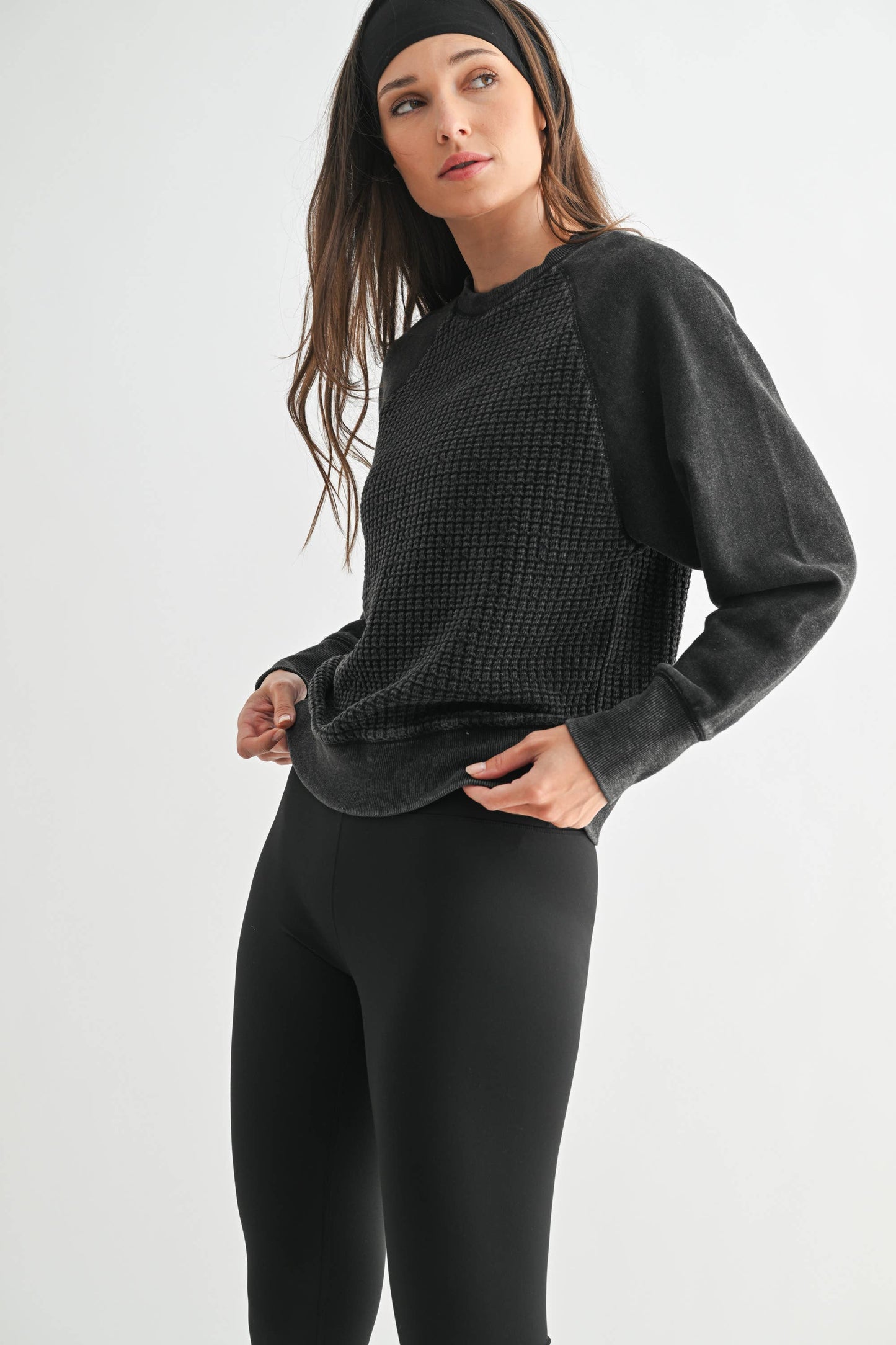 Black Cozy Waffle Knit Pullover