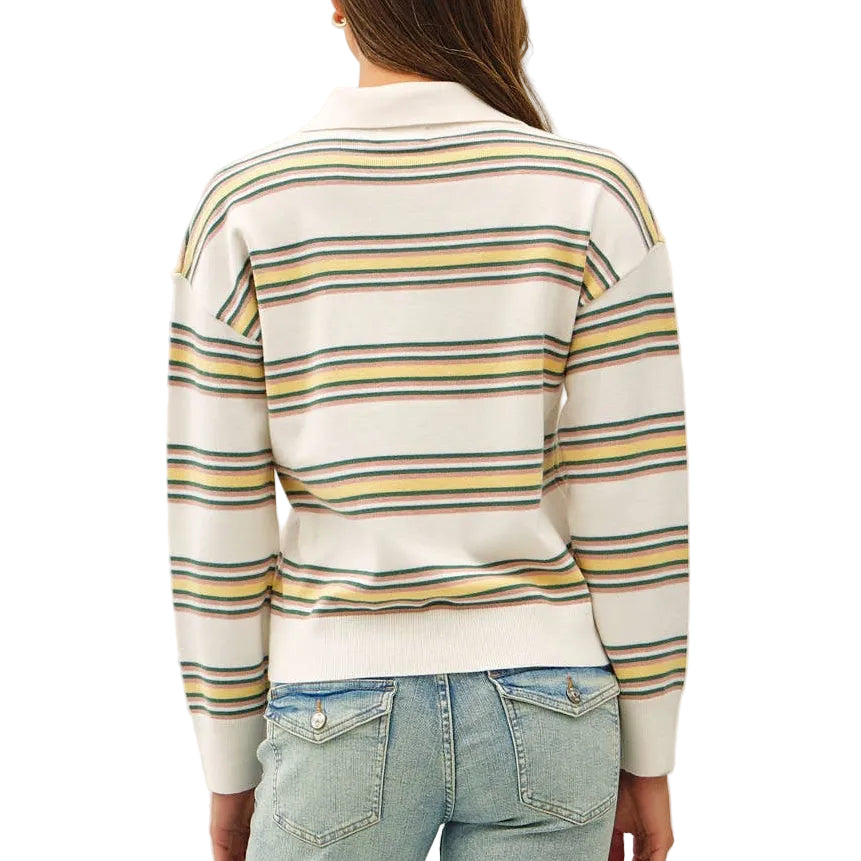 A woman viewed from behind wearing a cream-colored knit sweater with yellow and blue horizontal stripes, paired with light-wash blue jeans and tan shoes, against a plain white studio background.