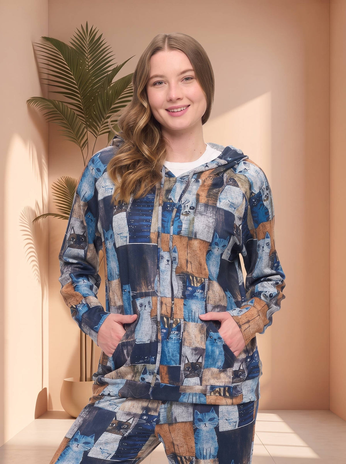 PATCHWORK CAT PRINT TUNIC HOODIE