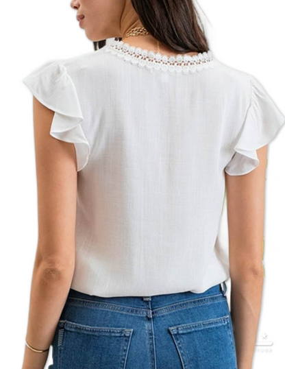 Scallop Lace Ruffle Sleeve Top - White