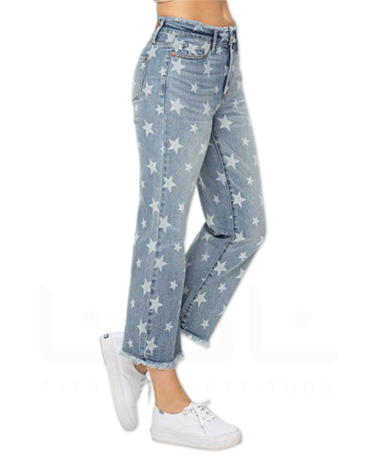 High Waist Cropped Hem Star Jeans
